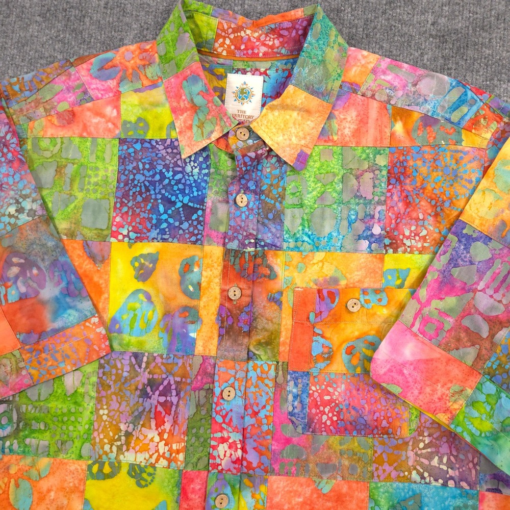 The Territory Ahead Shirt Mens L Vibrant Batik Patchwork Abstract Geometric AOP